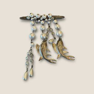 Vintage Gold-Tone Koi Fish Dangle Brooch With Faux Pearls & Teardrop Beads